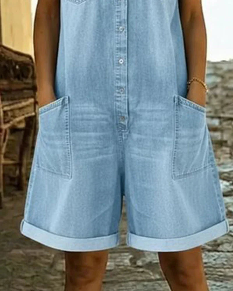 Julissa | Denim jumpsuit voor dames – Eendelig model met korte mouwen en knoopsluiting aan de voorkant