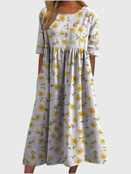 Iona | Maxijurk met bloemenprint en V-hals voor dames – Elegante A-lijn jurk met korte mouwen