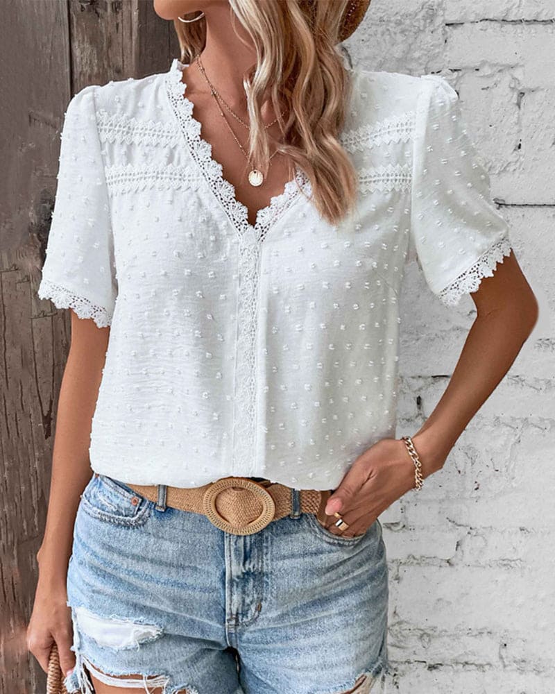 Morvina | Dames Kanten Blouse – Korte Mouwen Overhemd Top