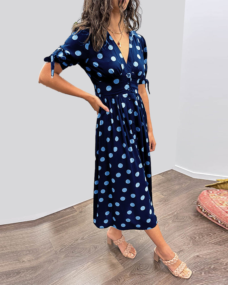 Damaris | Dames Polkadot Midi-jurk – Elegante A-lijn jurk met V-hals