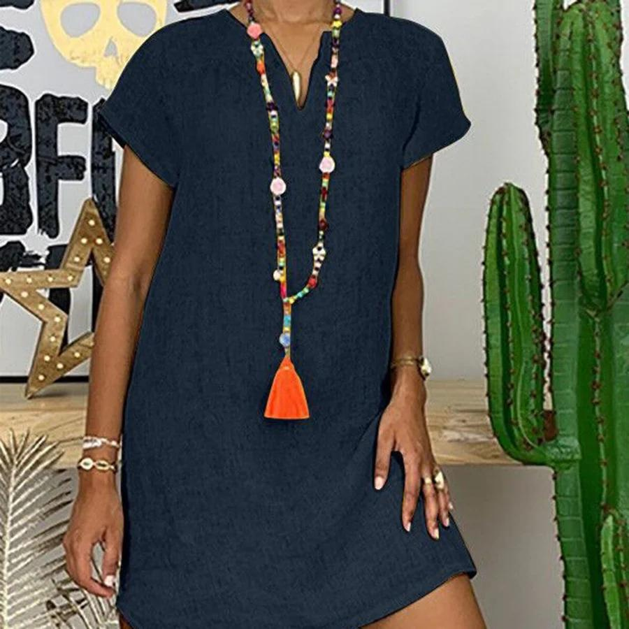 Eleni | Dames Elegante Midi-jurk – Katoenen Linnen Zomerjurk met Zwierige Losse Pasvorm