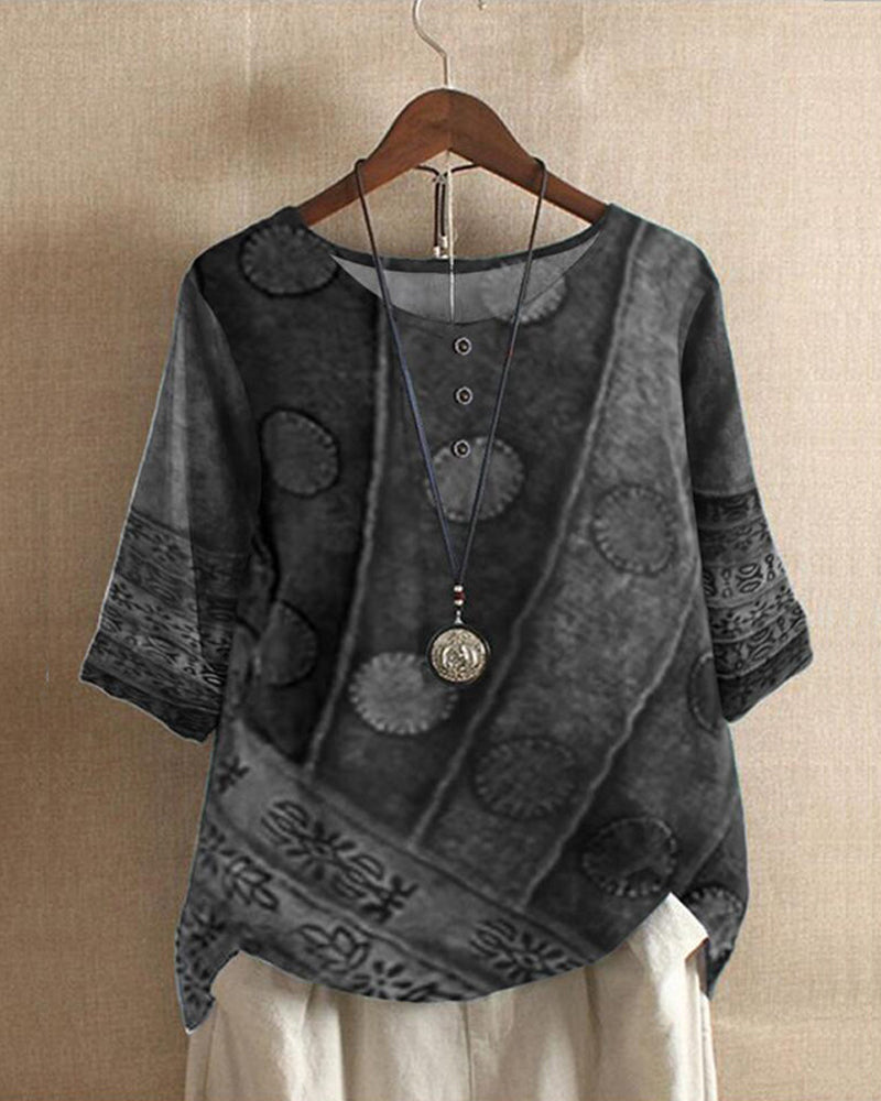 Talyra | Dames Boho Print Top – Vintage Blouse met Halve Mouwen