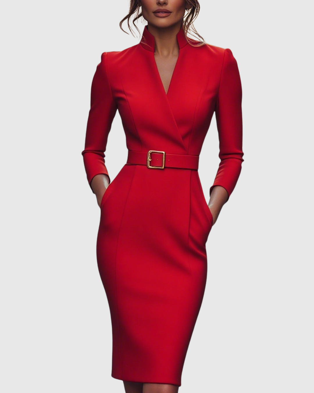 Arlena | Elegante werkjurk voor dames – Midi-kokerjurk met ceintuur en schijnbare overslaghalslijn