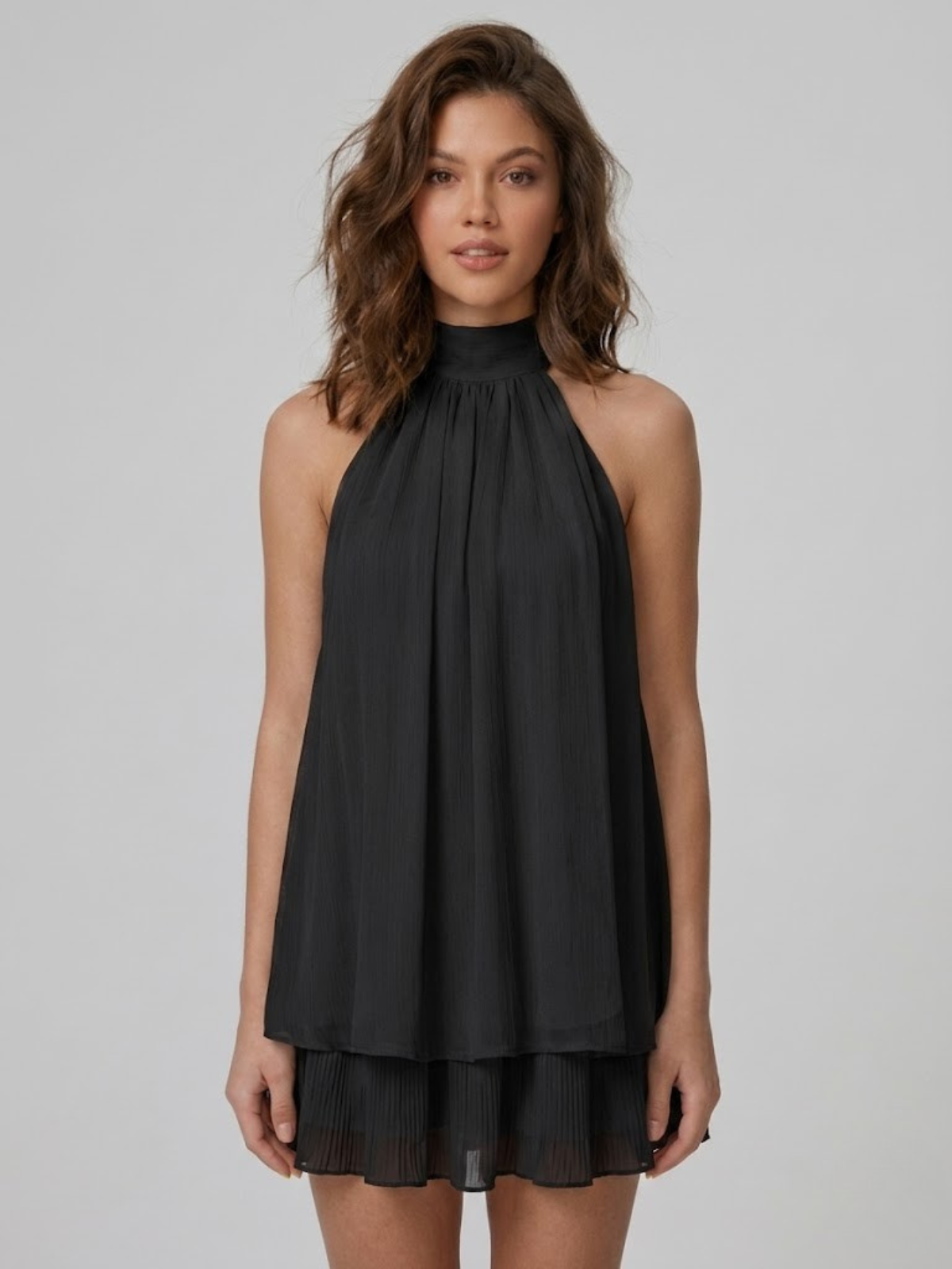 Monroe | Dames Rugloze Mini-jurk met Ruches – Elegante Halterjurk met Vloeiende Pasvorm