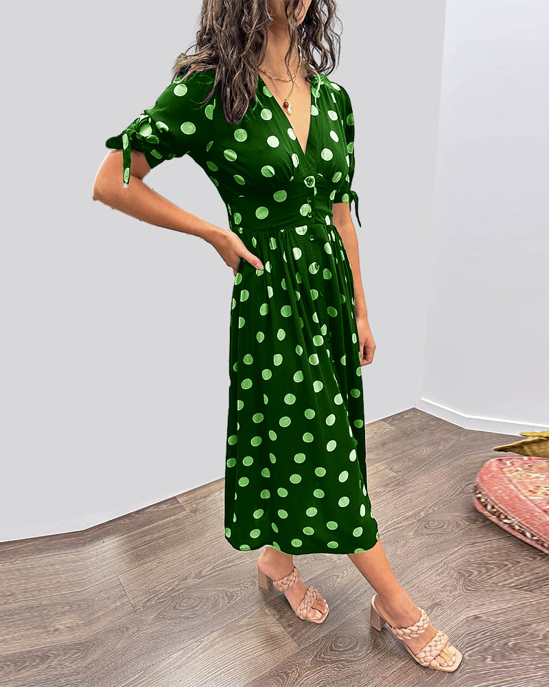 Damaris | Dames Polkadot Midi-jurk – Elegante A-lijn jurk met V-hals