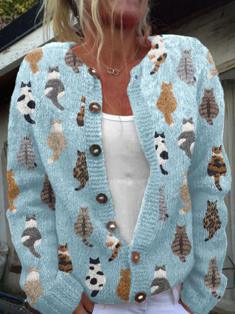 Arianelle | Damesvest met kattenprint – Zacht breiwerk, relaxte pasvorm