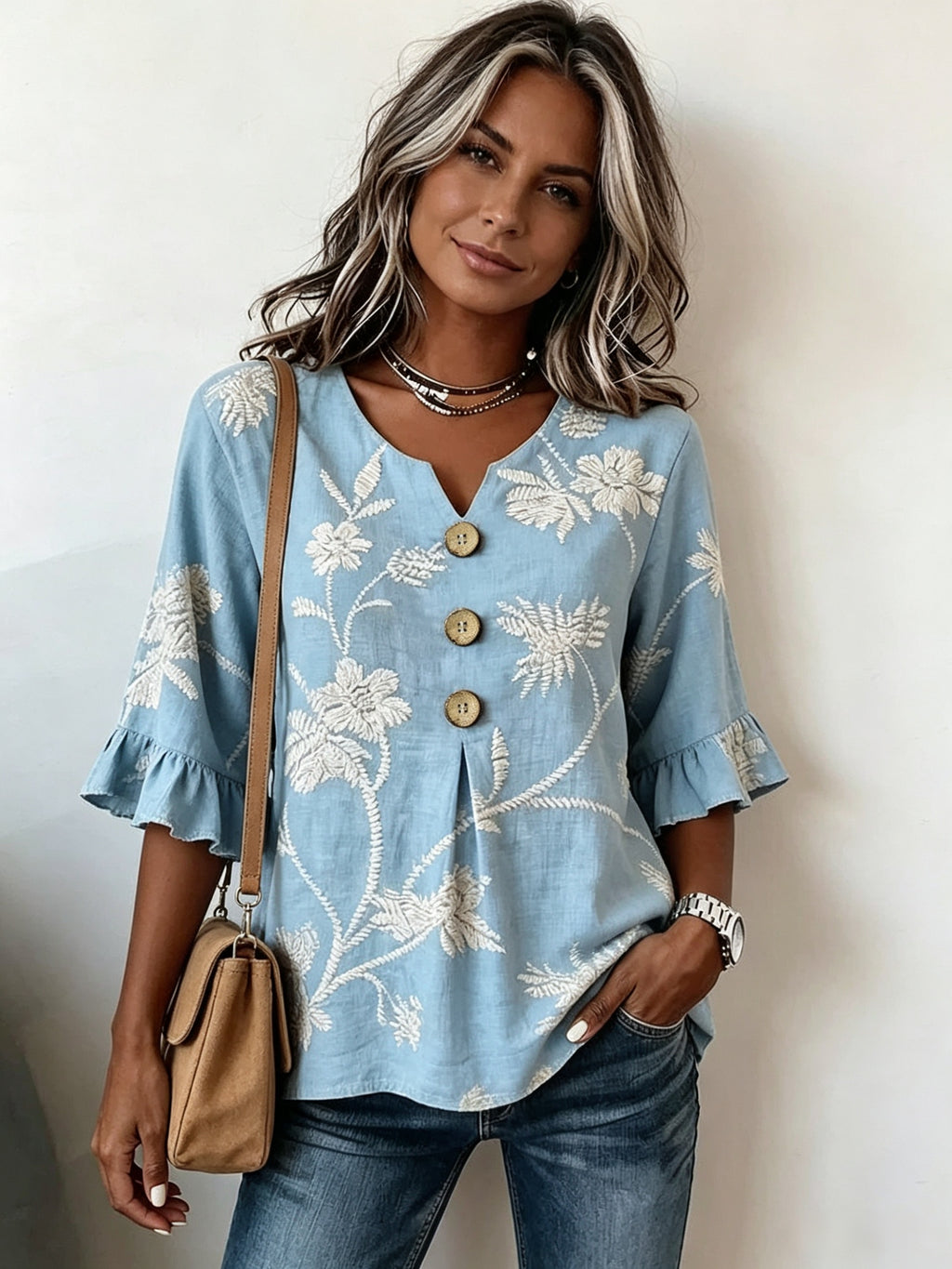 Pearlina | Damesblouse met bloemenprint en V-hals – Blouse met relaxte, losse pasvorm