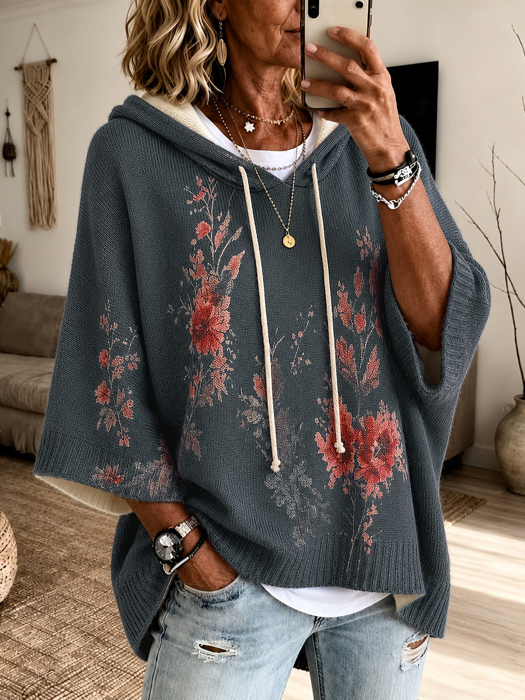 Eden | Damescape met capuchon en bloemenprint – pullover met 3/4-mouwen en trekkoord