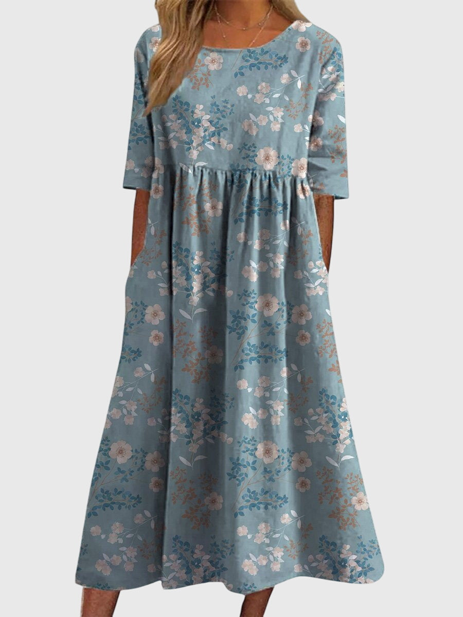 Iona | Maxijurk met bloemenprint en V-hals voor dames – Elegante A-lijn jurk met korte mouwen