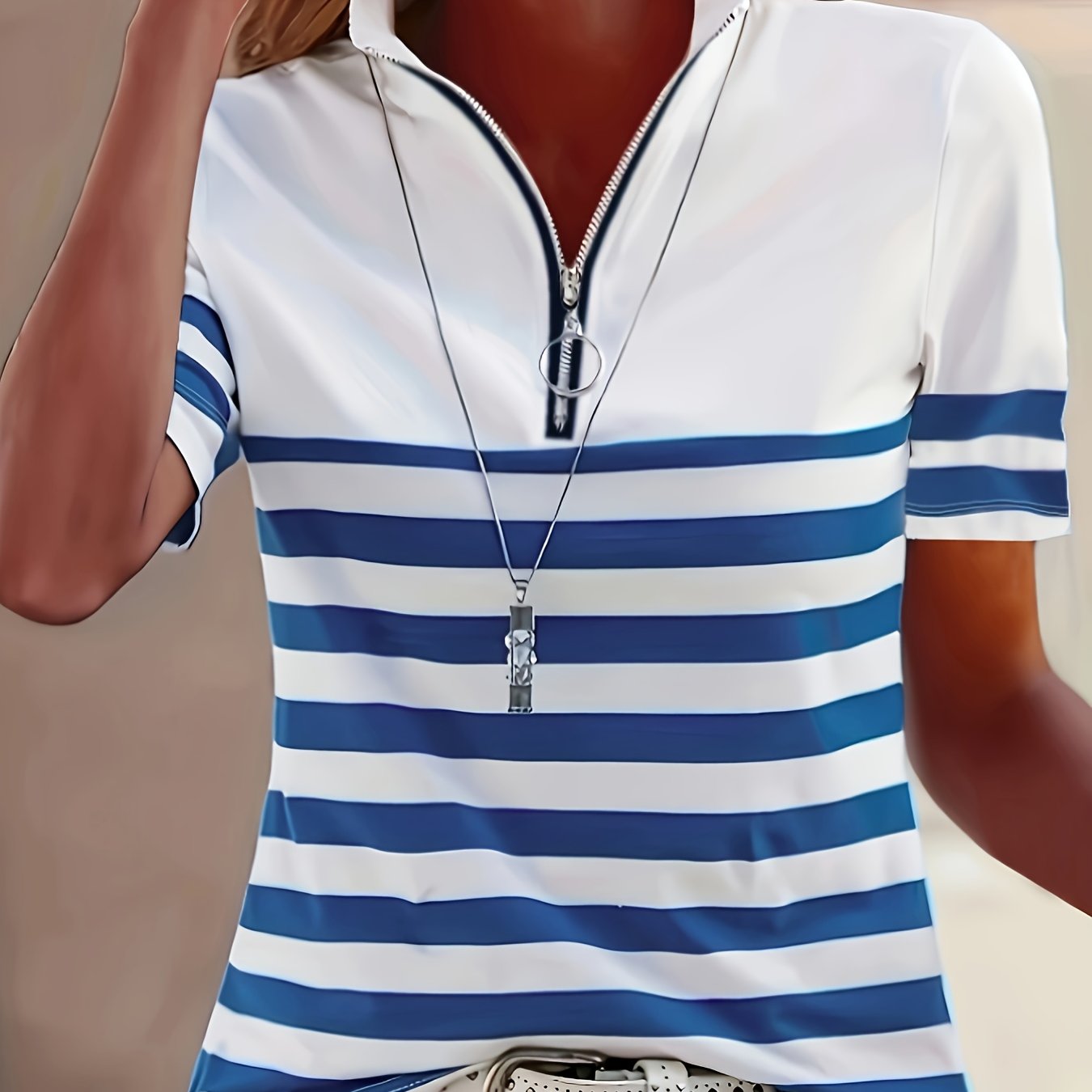 Lunavia | Dames Gestreepte Half-Zip Polo Shirt – Korte Mouw Casual