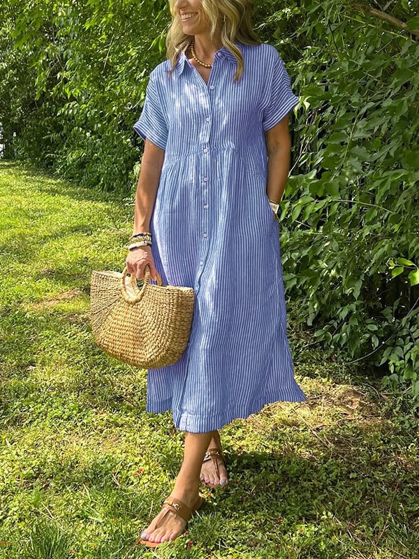 Kendra | Elegante Gestreepte Jurk voor Dames – Midi Overhemdjurk met Zakken en Relaxte Pasvorm