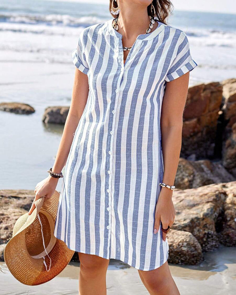 Cyrinae | Dames Blauwe Gestreepte Midi-jurk – Elegante Overhemdjurk