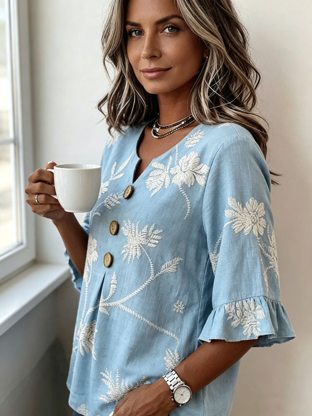 Pearlina | Damesblouse met bloemenprint en V-hals – Blouse met relaxte, losse pasvorm