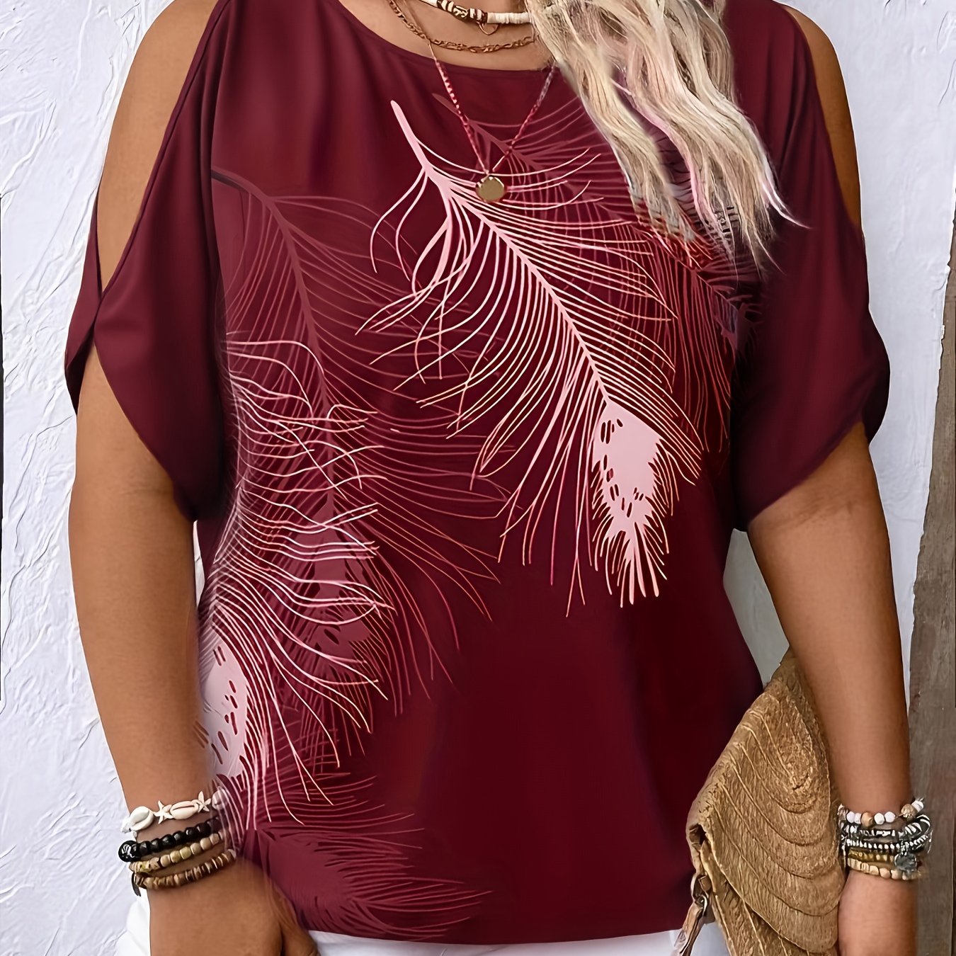 Ysara | Casual bedrukt damesshirt – Off-shoulder shirt met ronde hals en strik aan de achterkant
