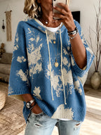Eden | Damescape met capuchon en bloemenprint – pullover met 3/4-mouwen en trekkoord