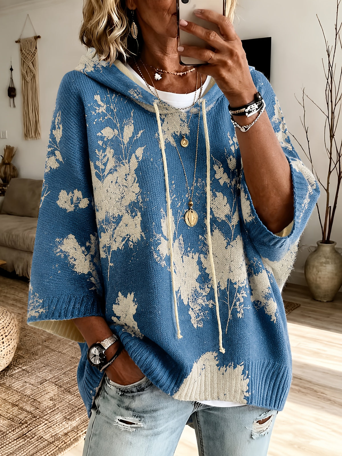 Eden | Damescape met capuchon en bloemenprint – pullover met 3/4-mouwen en trekkoord