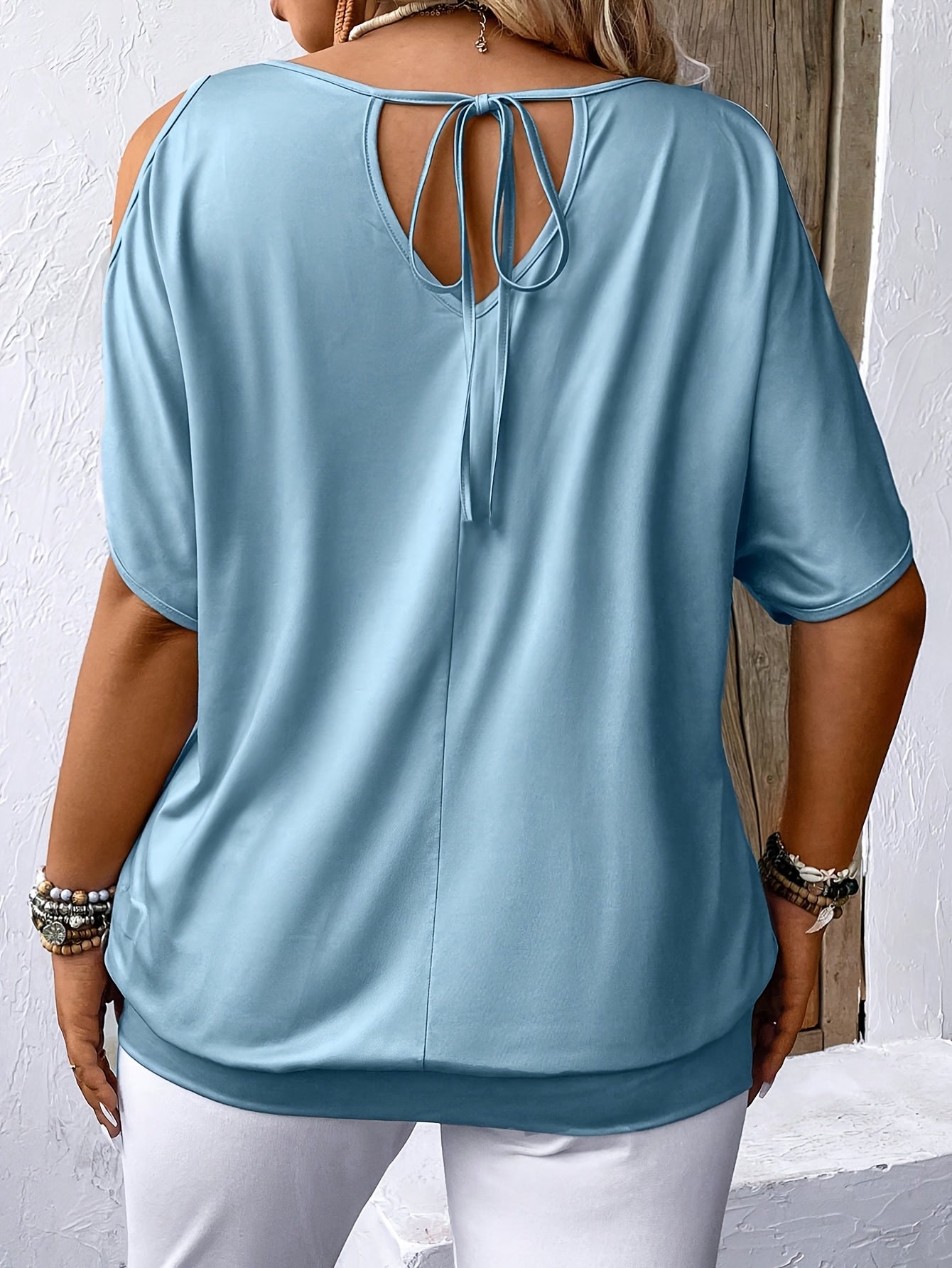 Ysara | Casual bedrukt damesshirt – Off-shoulder shirt met ronde hals en strik aan de achterkant