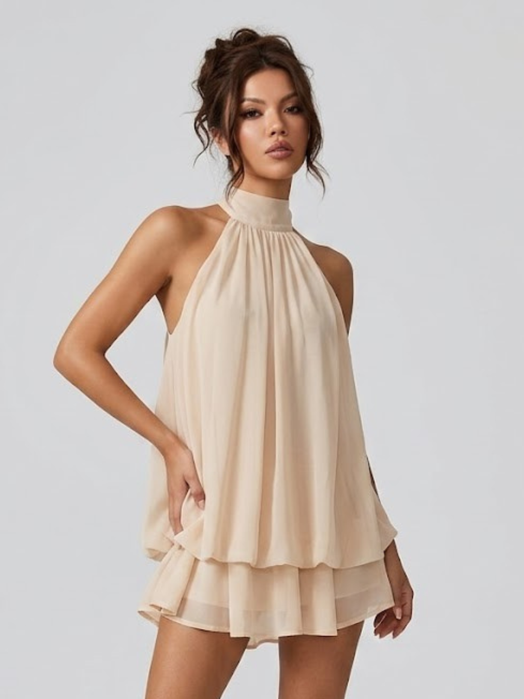 Monroe | Dames Rugloze Mini-jurk met Ruches – Elegante Halterjurk met Vloeiende Pasvorm