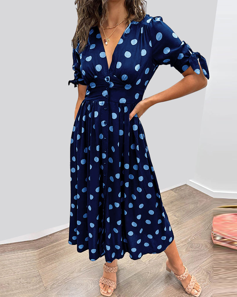 Damaris | Dames Polkadot Midi-jurk – Elegante A-lijn jurk met V-hals