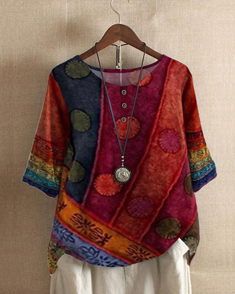 Talyra | Dames Boho Print Top – Vintage Blouse met Halve Mouwen