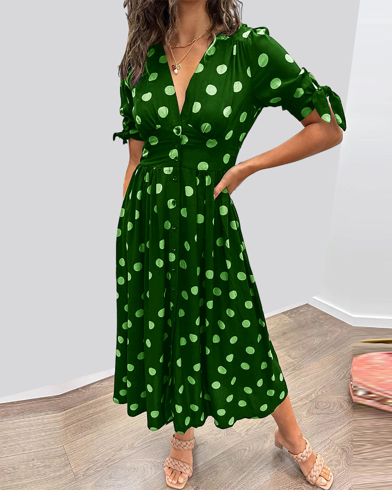 Damaris | Dames Polkadot Midi-jurk – Elegante A-lijn jurk met V-hals