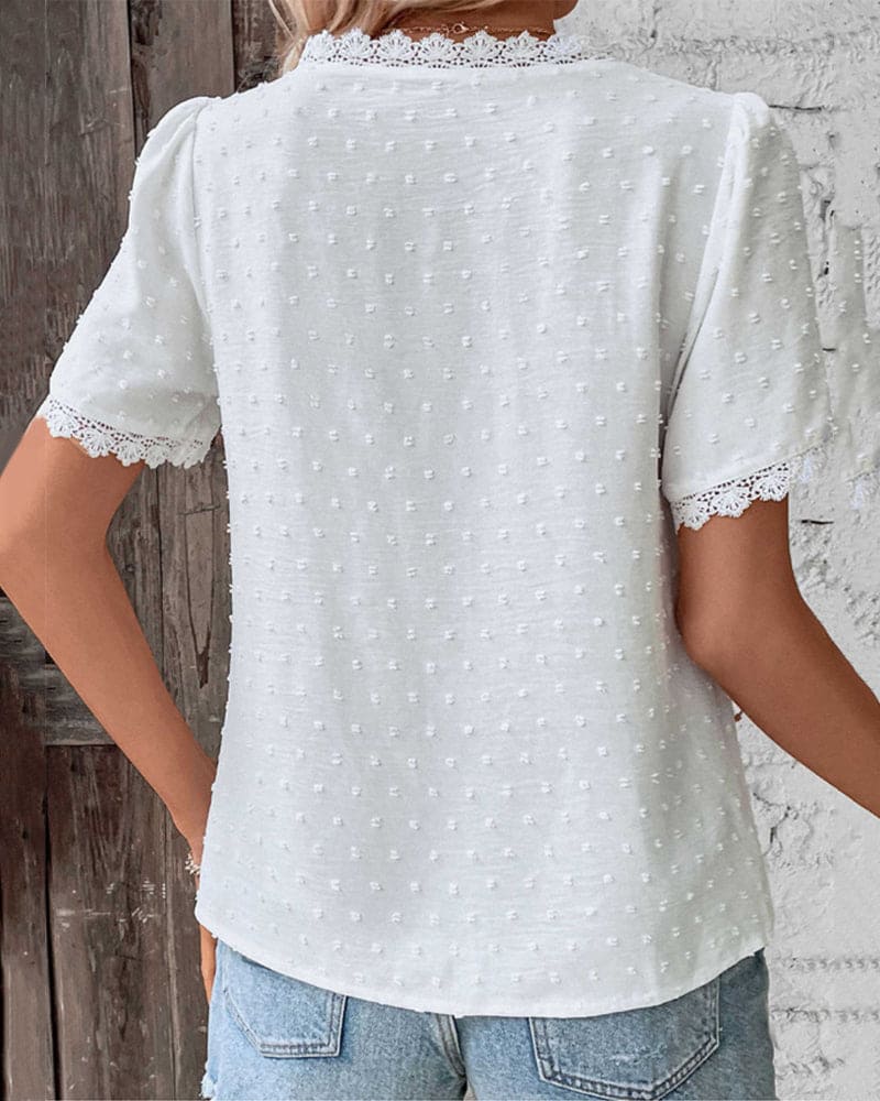Morvina | Dames Kanten Blouse – Korte Mouwen Overhemd Top