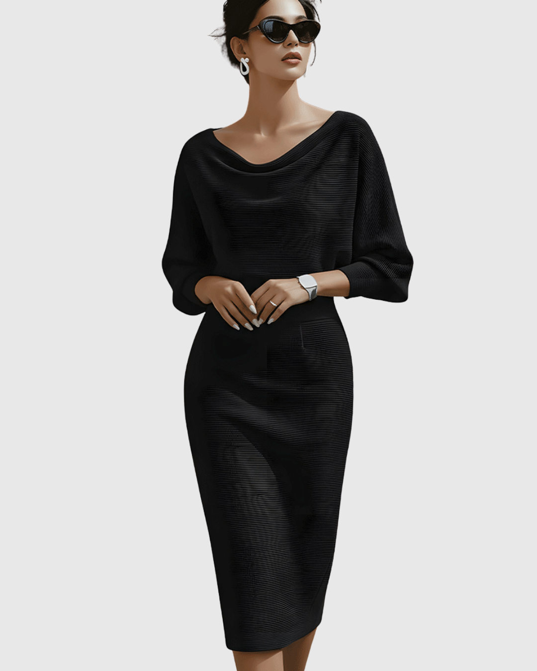 Milena | Weißes, locker sitzendes Damenkleid – Midikleid mit Fledermausärmeln