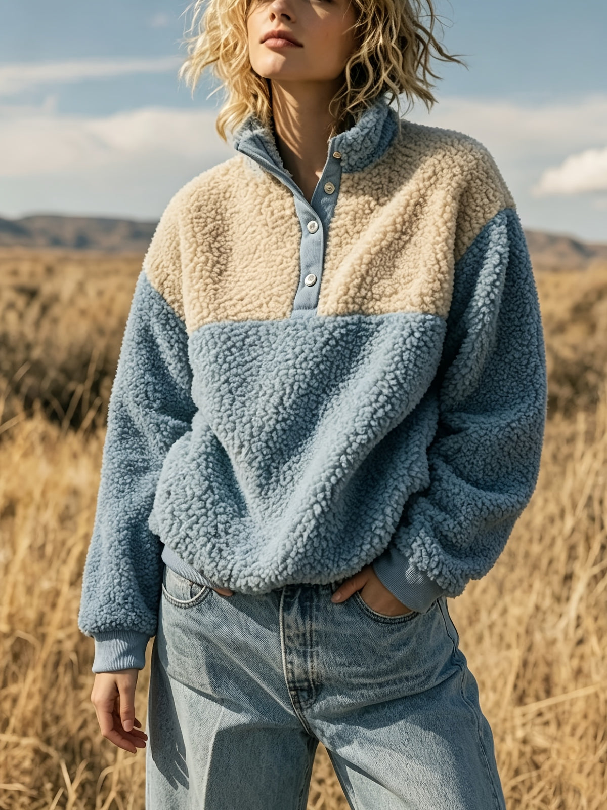 Anoria | Dames zachte color-block sweater – Halve knoopsluiting aan de voorkant