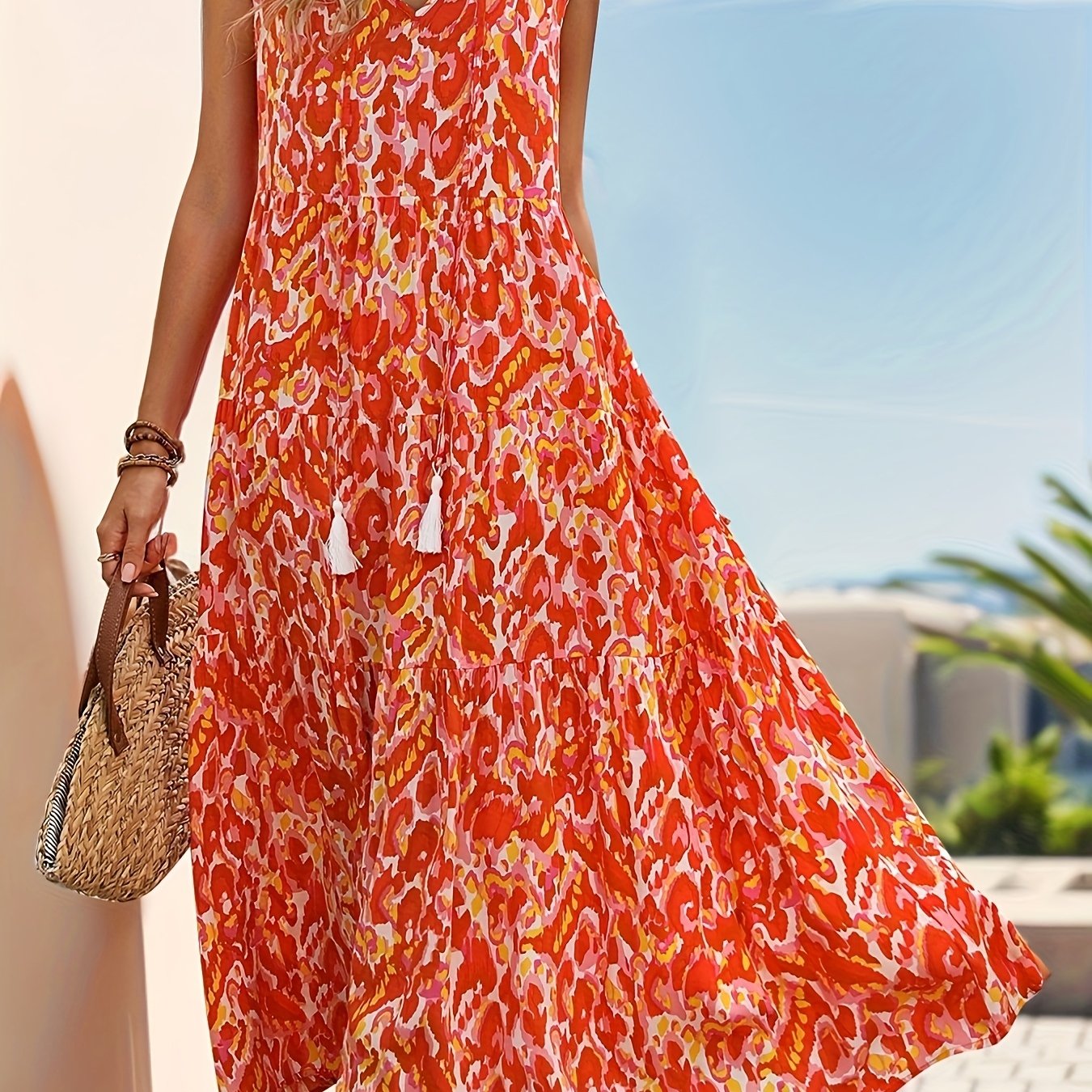 Elsyn | Boho-maxi-jurk voor dames – Mouwloze strandvakantiejurk met print en franjes