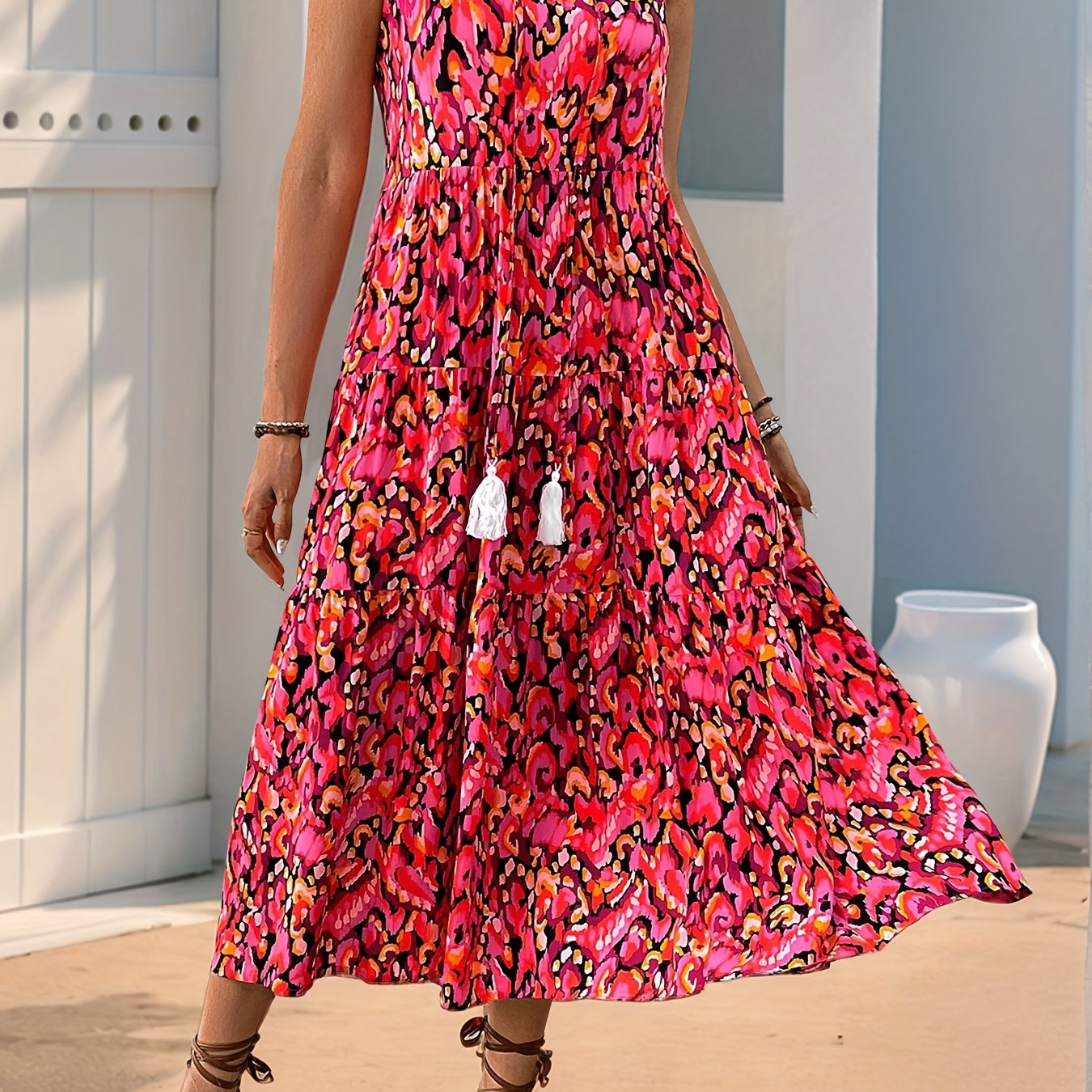 Elsyn | Boho-maxi-jurk voor dames – Mouwloze strandvakantiejurk met print en franjes