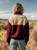 Dione | Pluche dames-sweatshirt – Pullover met kleurblokken en halve knoopsluiting