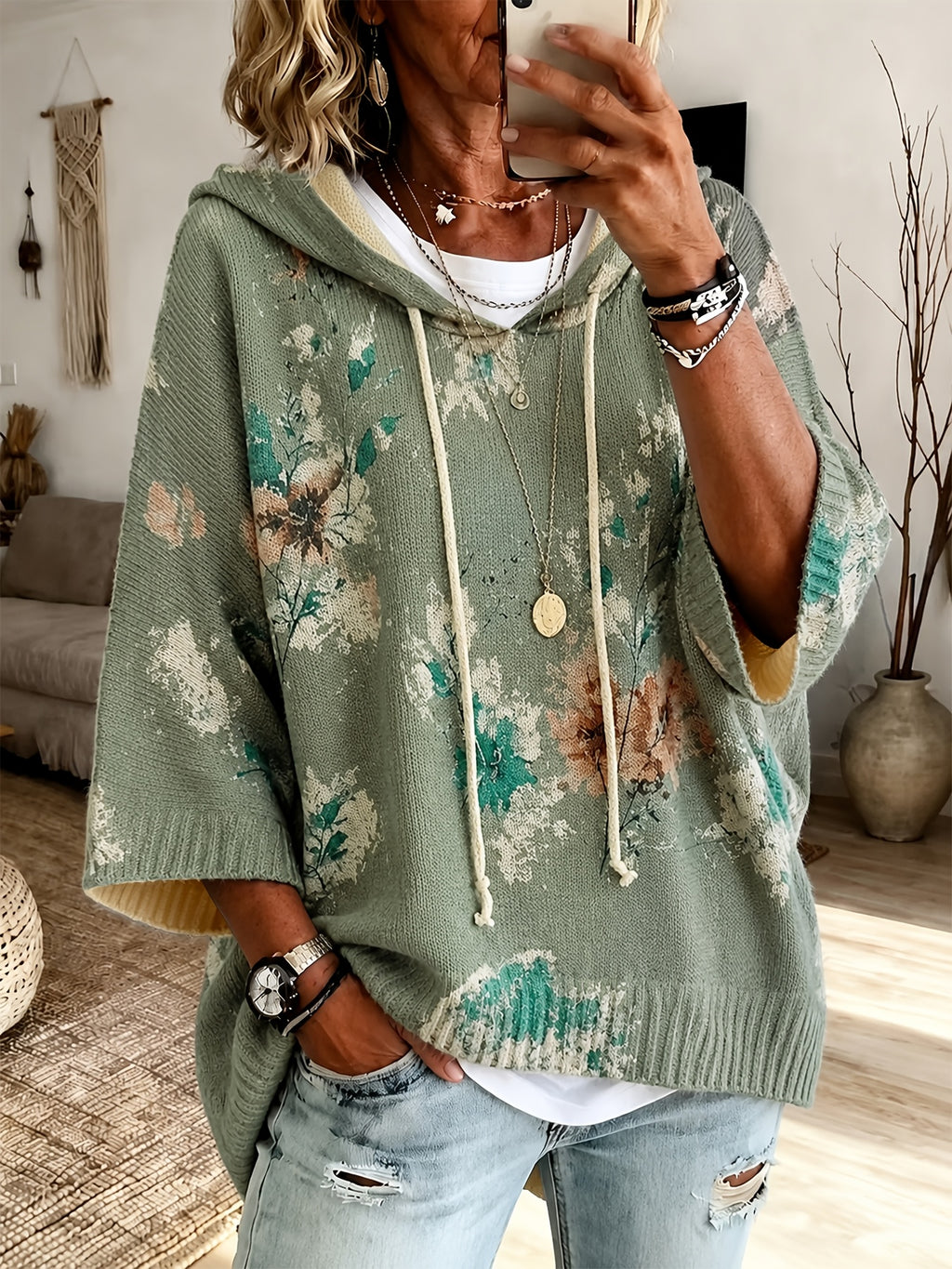Eden | Damescape met capuchon en bloemenprint – pullover met 3/4-mouwen en trekkoord