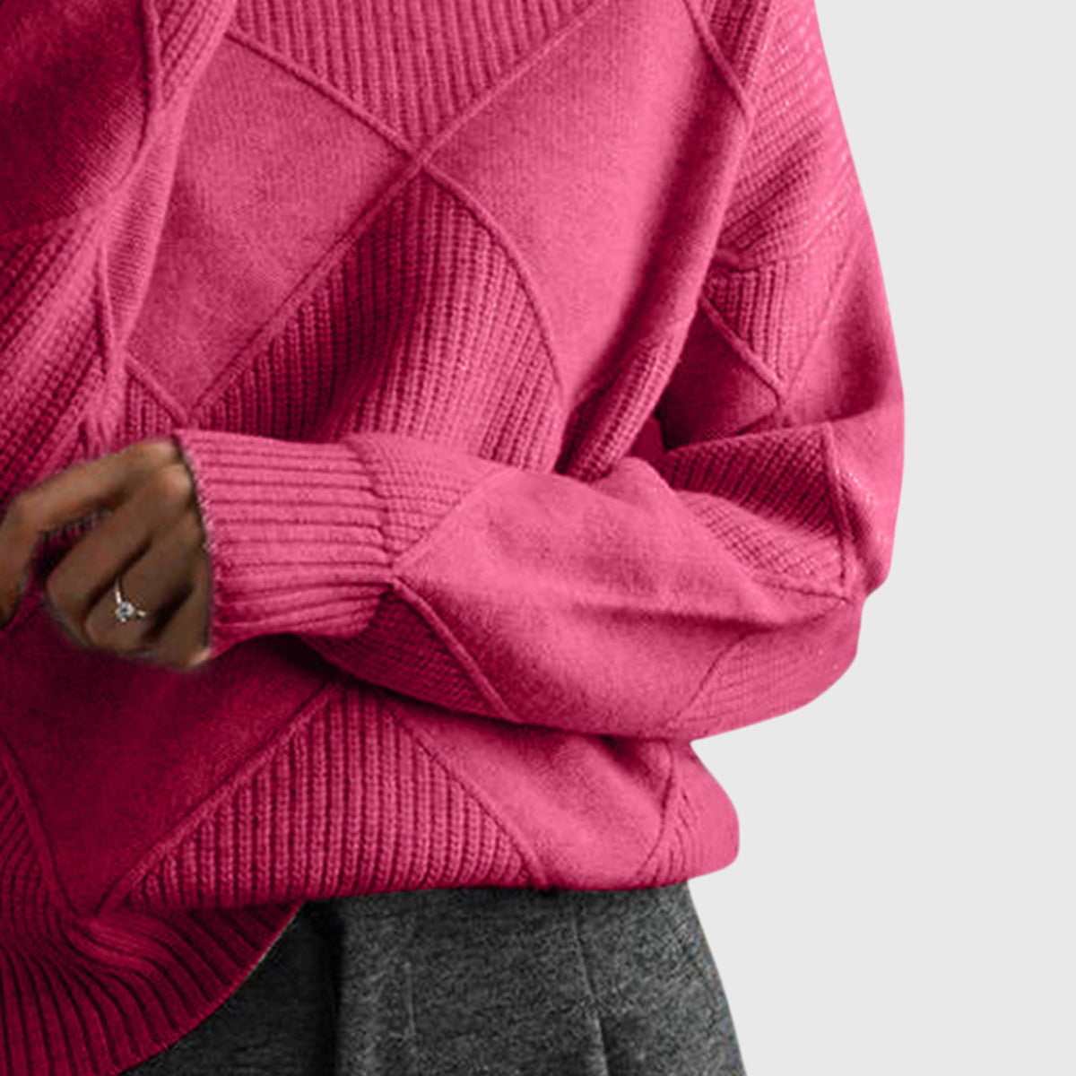 Calyssia | Damestrui met dikke breistruk en col – Patchwork met ruitmotief