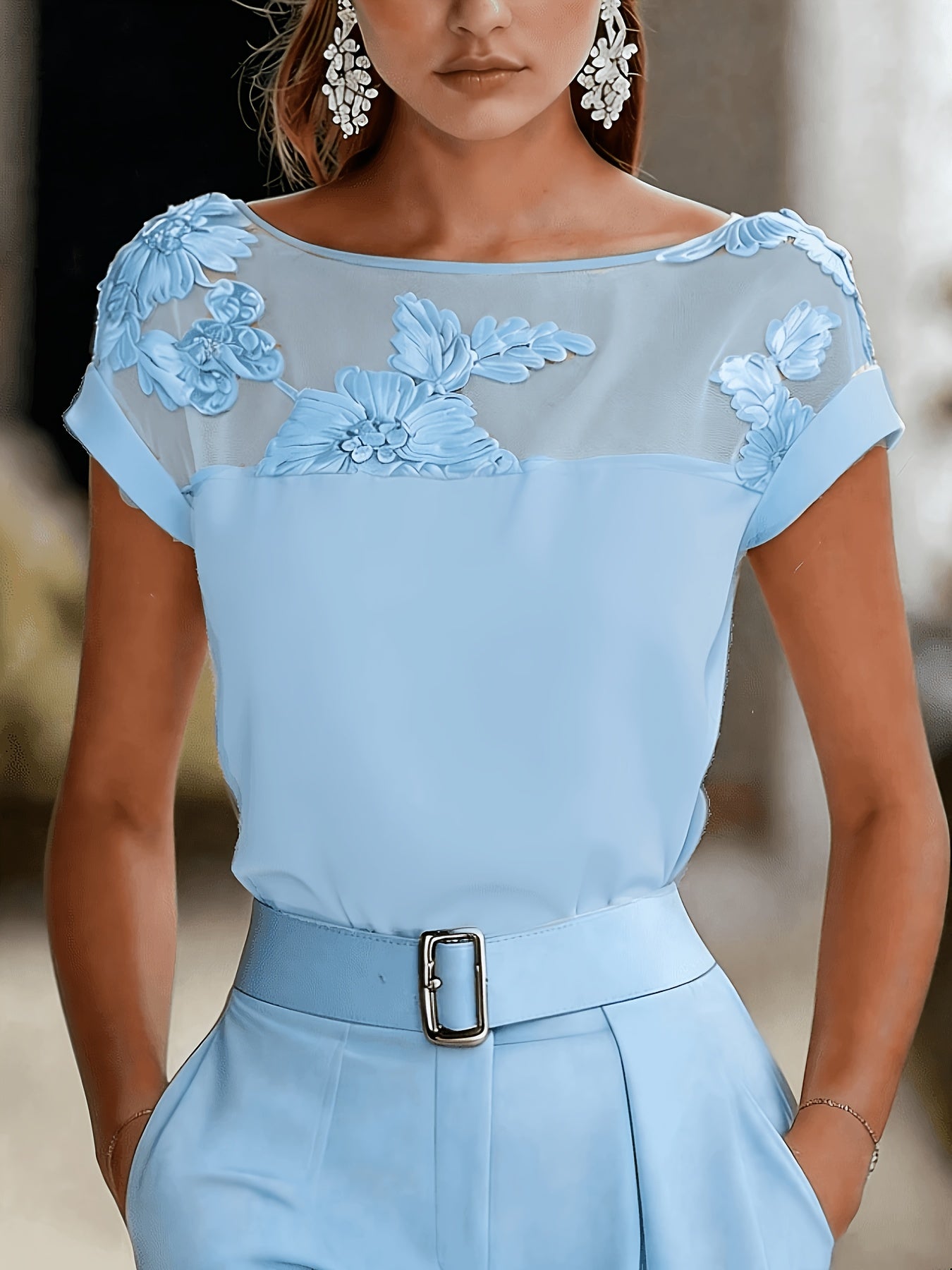 Roselyn | Geborduurd mesh-shirt voor dames – Elegante blouse met korte mouwen