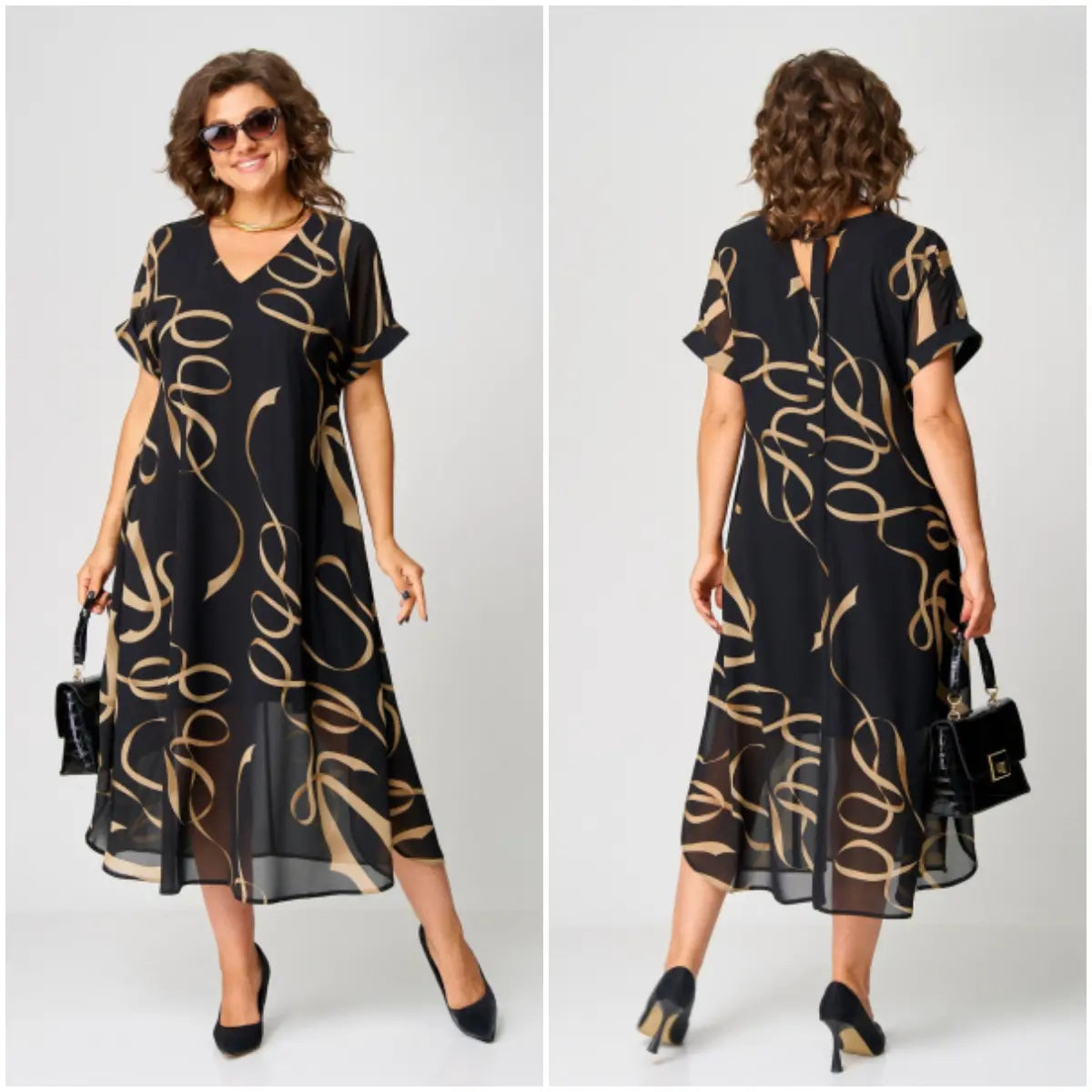 Sage | Elegante chiffonjurk voor dames – Midi-jurk met V-hals voor vrouwen met rondingen