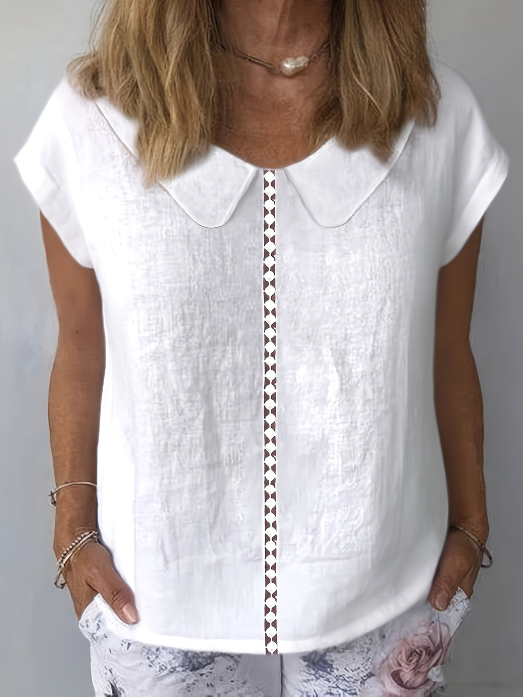 Paloma | Casual damesblouse – Shirt met korte mouwen en patchwork van kant