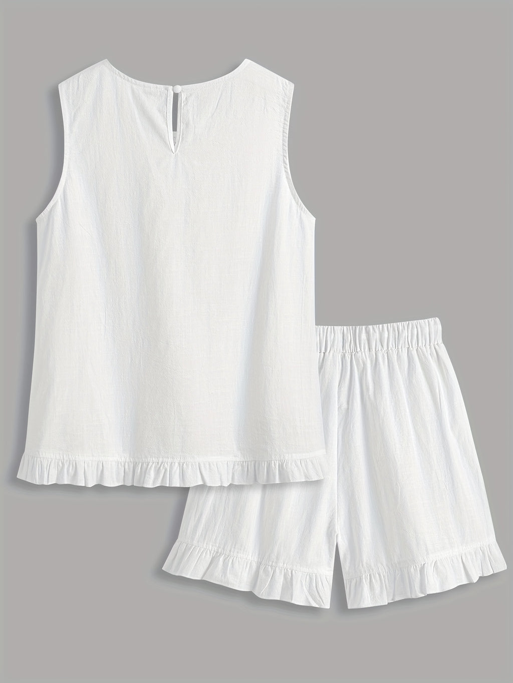 Teagan | Lounge-set voor dames met kanten randjes – mouwloze top en shorts met ruches