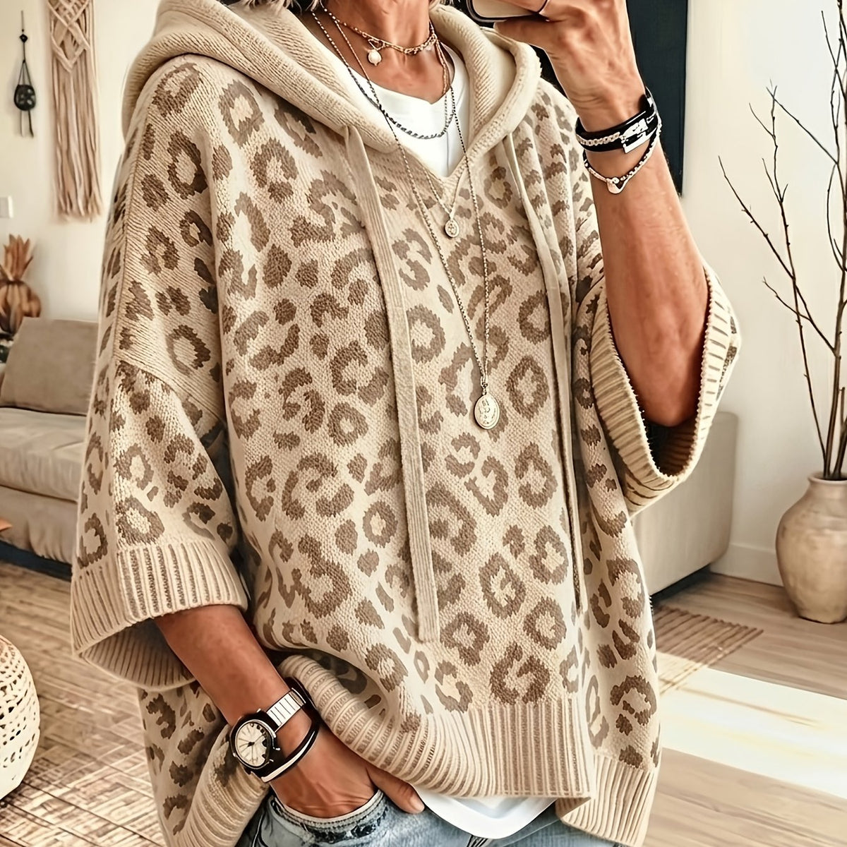 Betty | Hoodie met luipaardprint voor dames – Oversized trui met vleermuismouwen