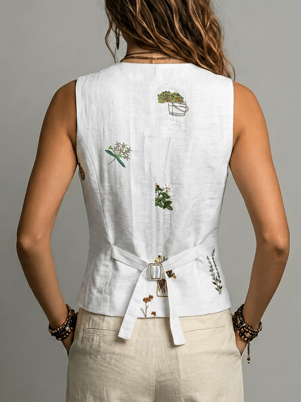 Posie | Linnenmix-vest voor dames – Geborduurd, mouwloos vest met ceintuur