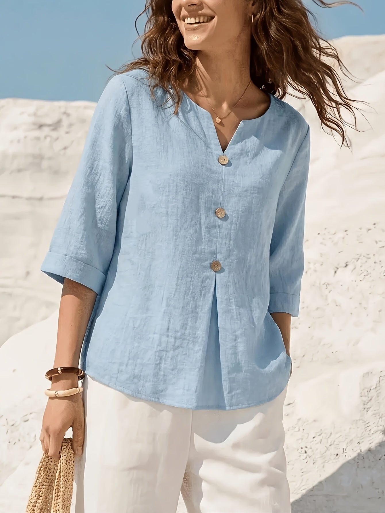 Winslet | Casual linnen top voor dames – loszittende blouse met V-hals en 3/4-mouwen