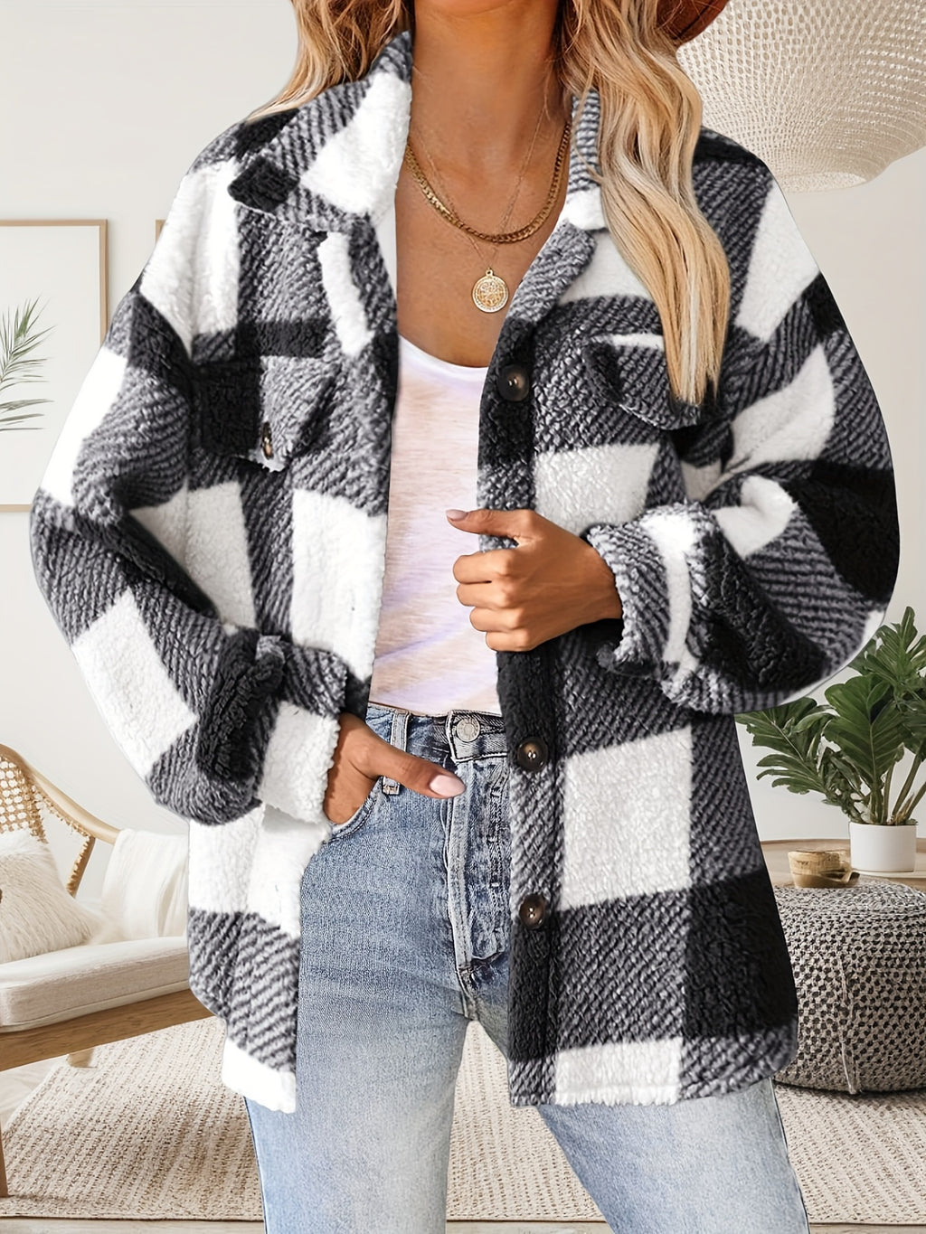 Vionelle | Damesjas van Pluche – Geruit, Knoopsluiting, Lange Mouwen & Zachte Casual Pasvorm
