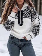 Lisanne | Fair Isle-trui met kleurblokken voor dames – dik gebreide trui met halve rits en hoge kraag