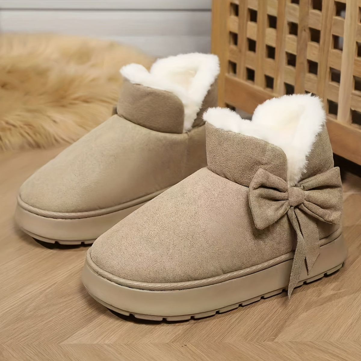 Cresselle | Dames Pluche Gevoerde Laarzen – Comfortabele Instappers met Zachte Zool en Strikdetail