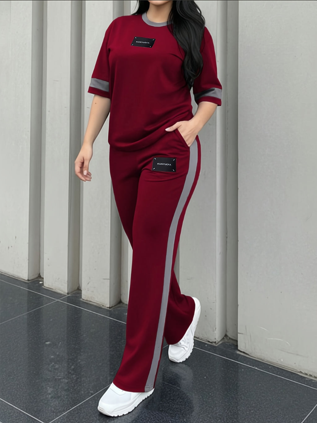 Lorielle | 2-delige loungeset voor dames – T-shirt met kleurblokken en een lange broek