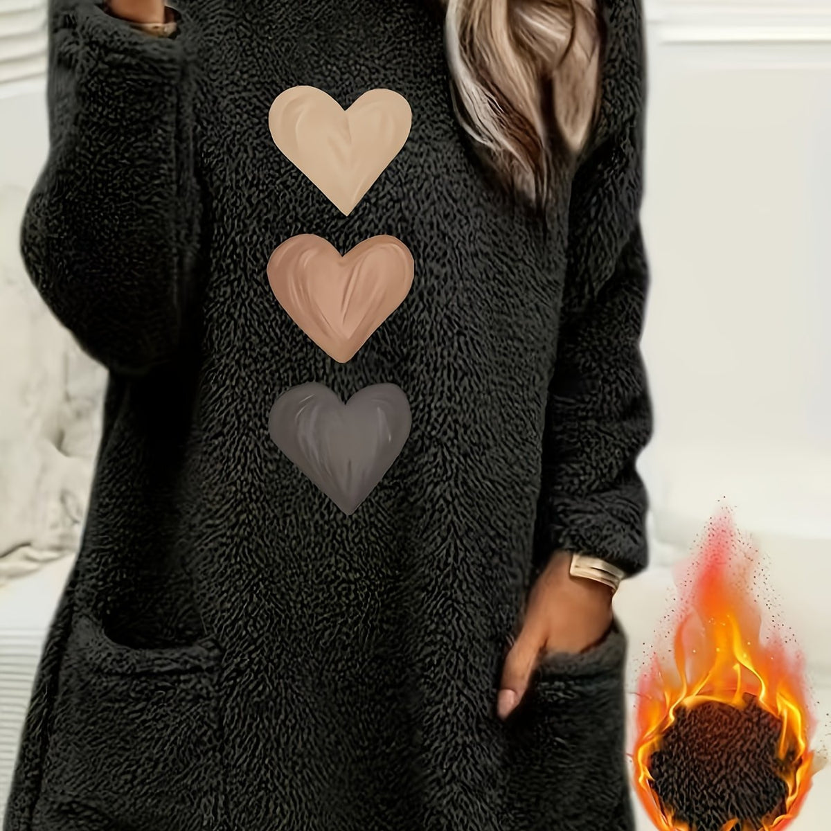 Leonie | Dames-sweatshirt met fleecevoering en hartjesprint – Casual pullover met lange mouwen