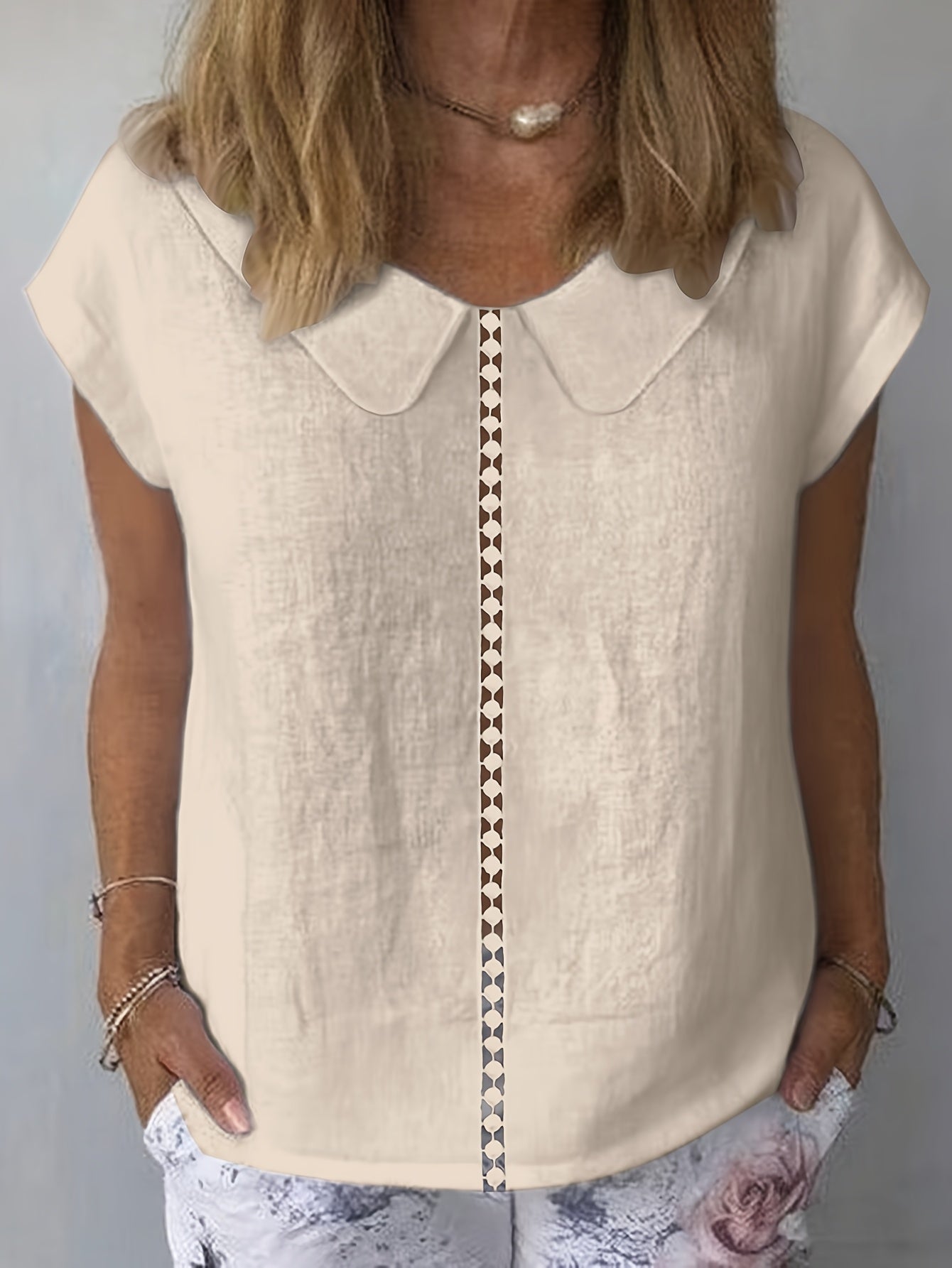 Paloma | Casual damesblouse – Shirt met korte mouwen en patchwork van kant