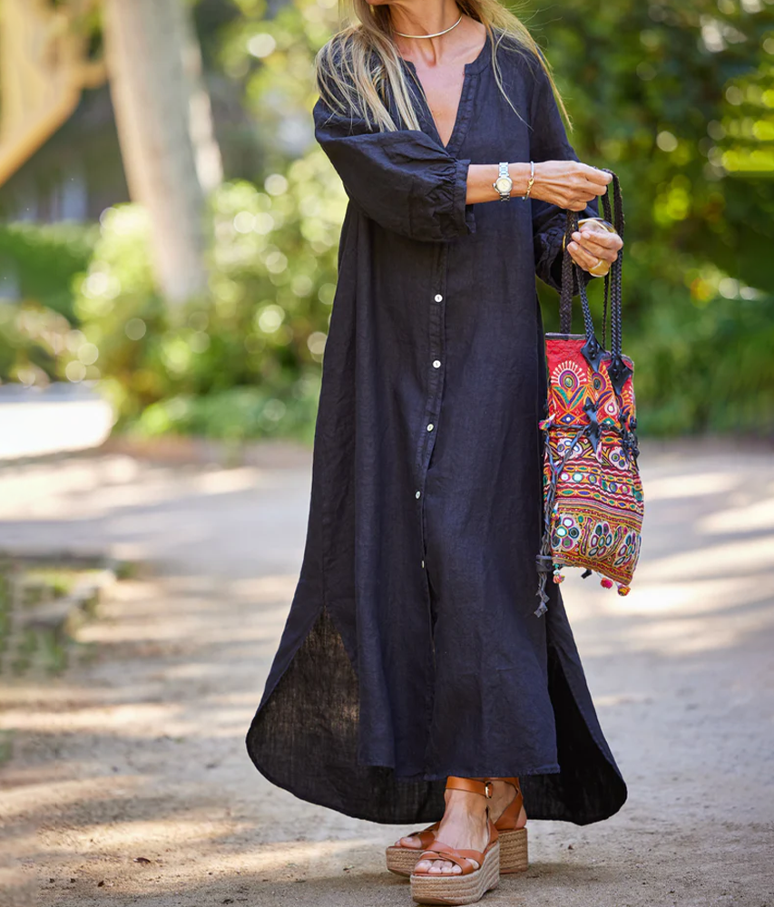 Alia | Casual linnen jurk voor dames – losvallende, ademende zomer midi-jurk