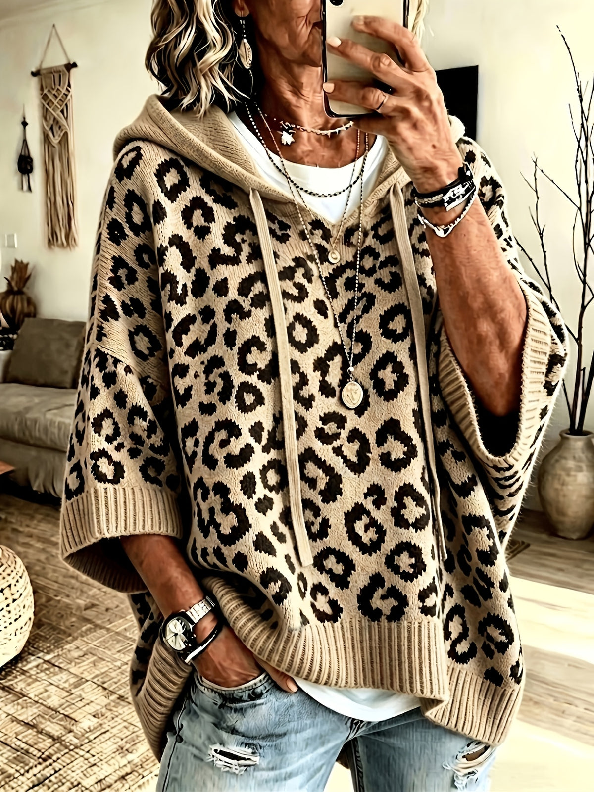 Betty | Hoodie met luipaardprint voor dames – Oversized trui met vleermuismouwen