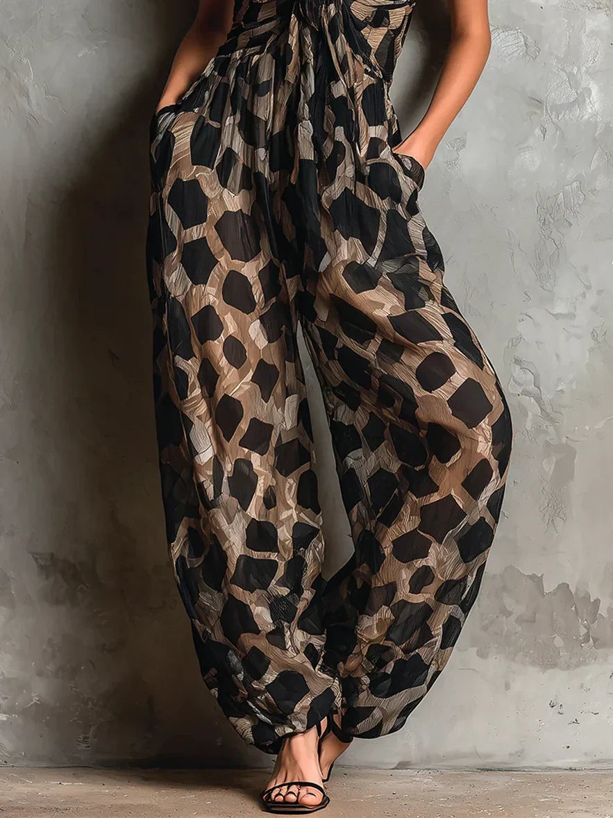Callie | Jumpsuit met luipaardprint voor dames – Mouwloze jumpsuit, diepe V-hals