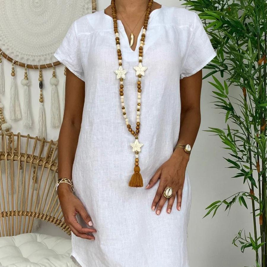Eleni | Dames Elegante Midi-jurk – Katoenen Linnen Zomerjurk met Zwierige Losse Pasvorm